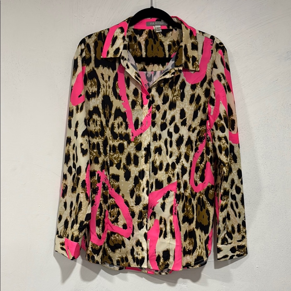 Chico's Tan and Brown Graphic Button Down Shirt